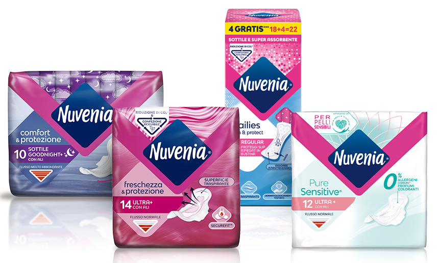 Quatto prodotti Nuvenia con relativa ombra su sfondo trasparente – Nuvenia